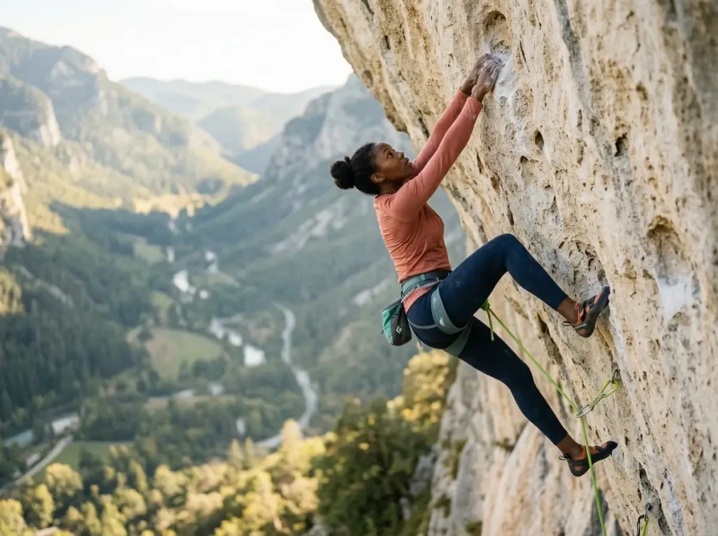 Female sport climber hip-to-wall flagging to counteract barn-door rotation on an overhanging limestone route