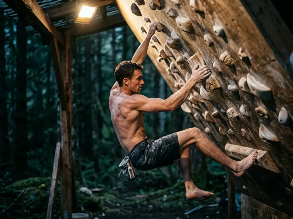 Climber training intensely on an outdoor 40 degree spray wall with wooden pinch holds.