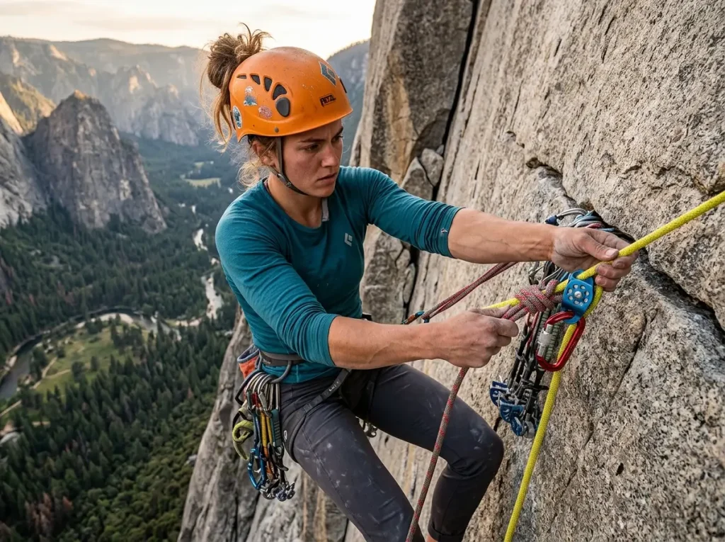Female climber step-by-step rigging a 3:1 Z-drag system with a minding pulley and prusik hitch.