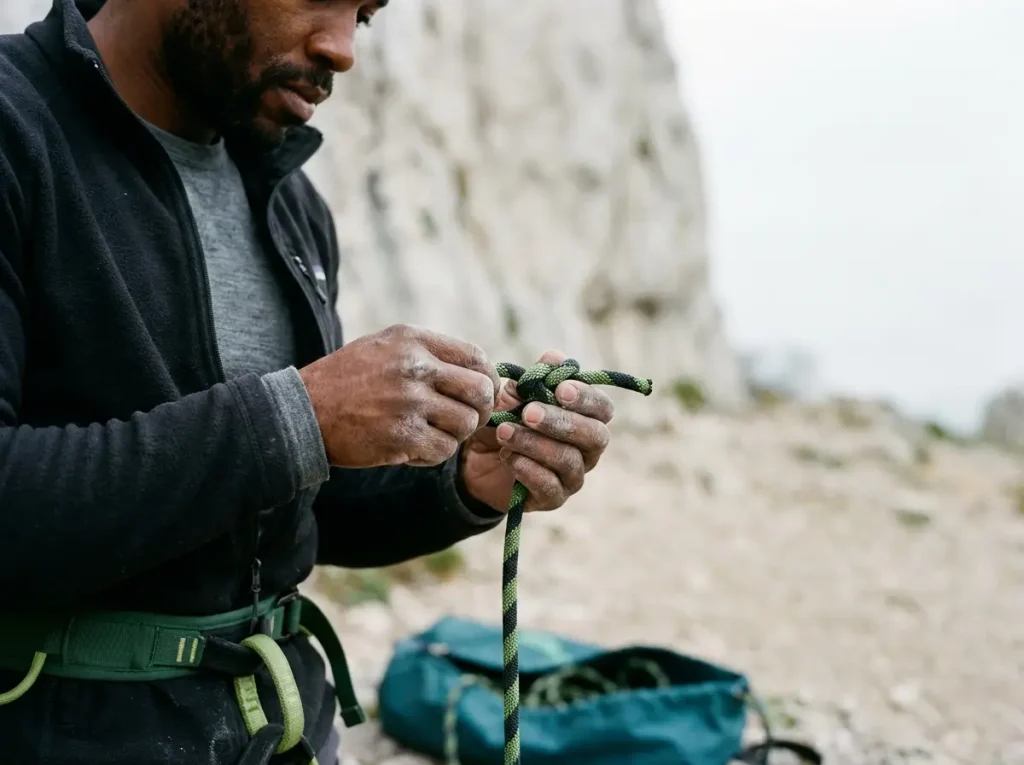Climber tying a stopper knot in the rope tail before lowering — preventing a critical belay accident