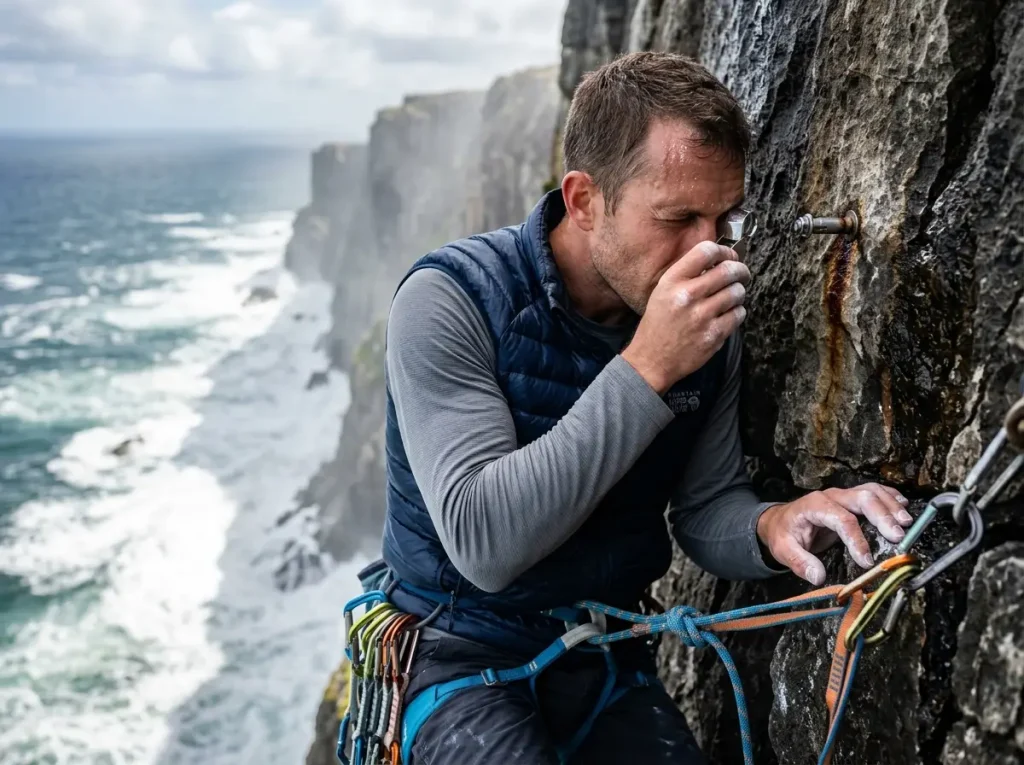 Climber using a loupe to inspect stress corrosion cracking on a bolt