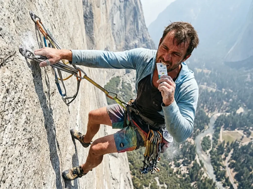Climber applying substrate timing rules with energy gel mid pitch