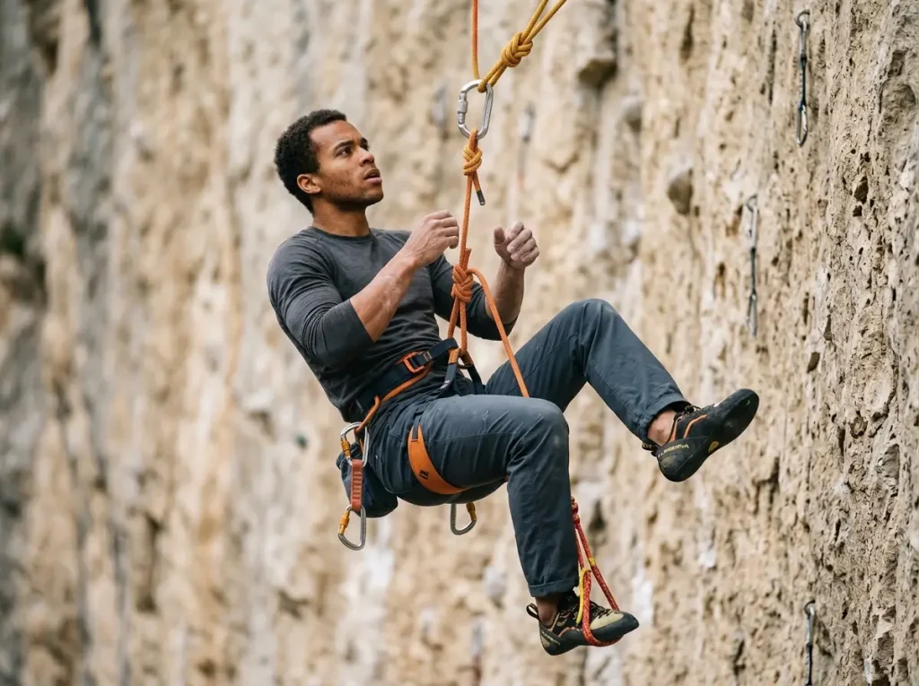 Climber cycling legs in harness using bicycle pump technique to prevent suspension syndrome from venous pooling