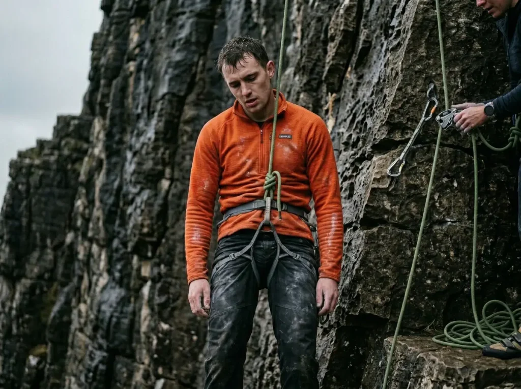 Climber hanging motionless in harness demonstrating suspension trauma risk.