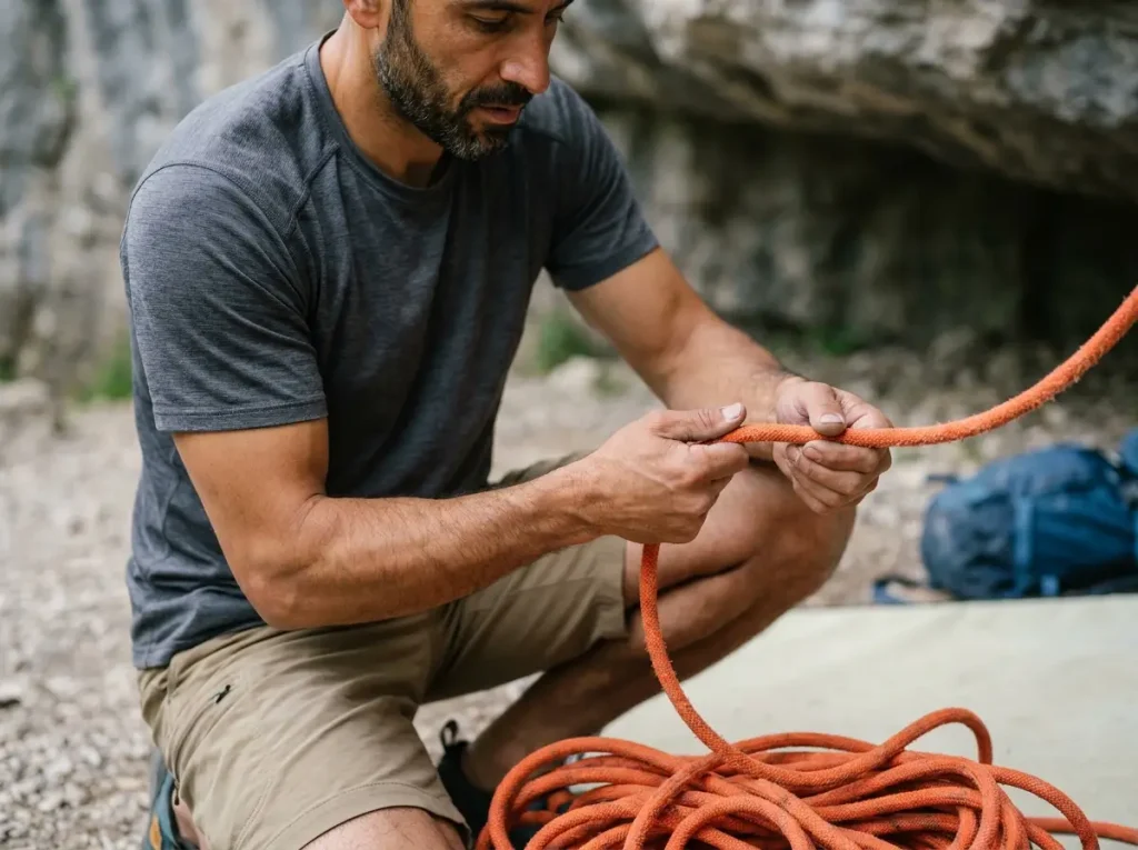 Climber checking the core of a durable Mammut climbing rope