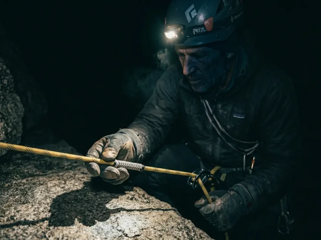 Alpine climber reading rope middle mark by touch at night using thread whipping through heavy gloves