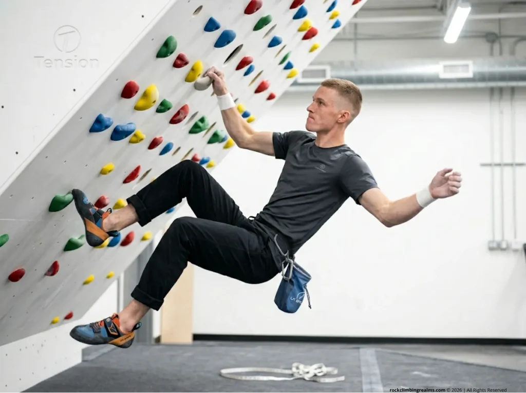 Climber training on a Tension Board, executing a campus move on a steep training board