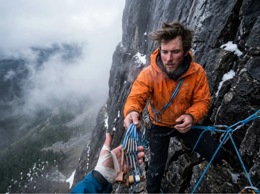 Climbers performing a rapid multi-pitch gear exchange with a terrain-specific trad rack.