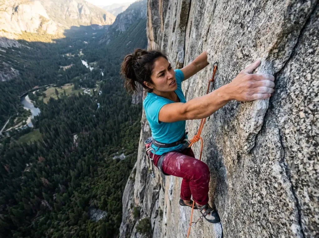 Female climber on a pristine granite crimp edge, free from thermal spalling rock damage.