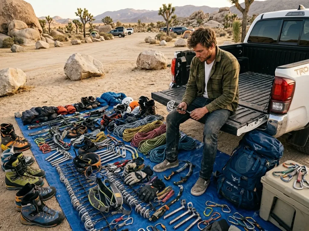 Dirtbag climber examining an expensive rack of professional gear to understand the total costs of mountain guide certification