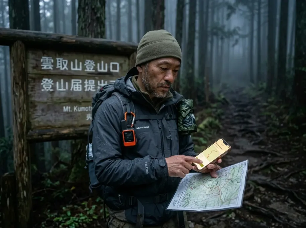 Climber digitally submitting a Tozan-Todoke registration route plan in a Japanese forest