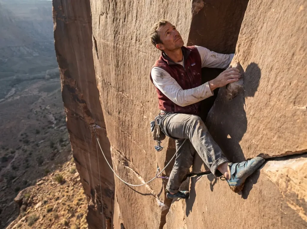 Climber above a long runout on trad route illustrating R-rated danger in climbing