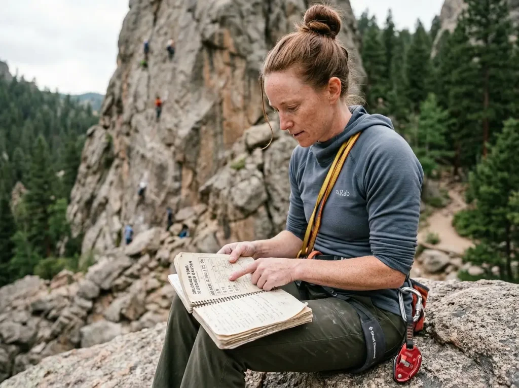 Trad climber reading a route grade conversion guide at the base of a granite crag before leading