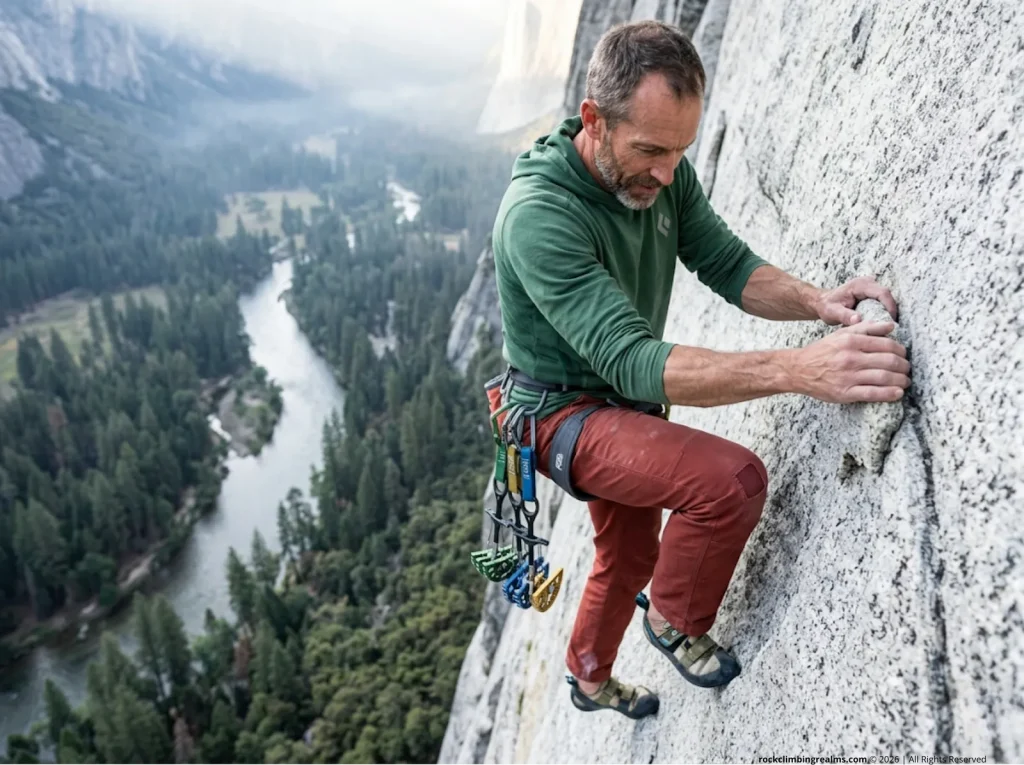 Trad climber hanging on steep granite analyzing the center of gravity of DMM cams on his harness.