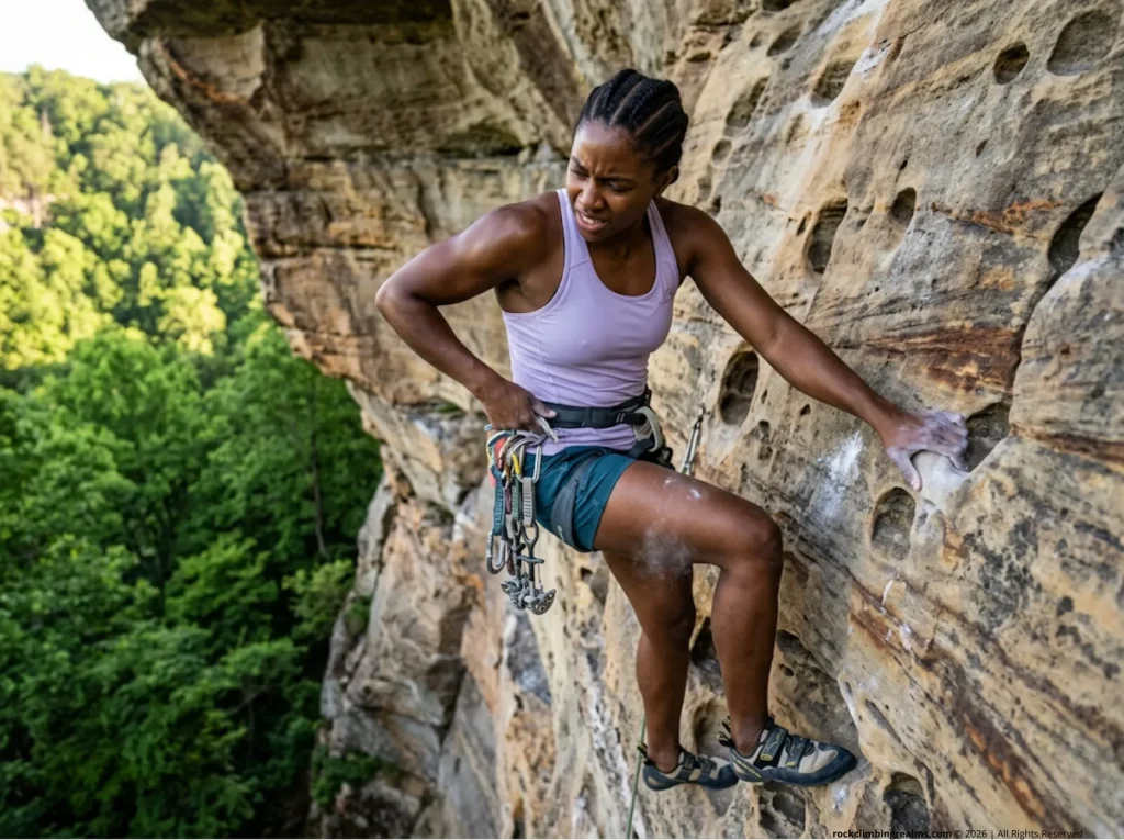 Climber struggling with an inward-facing carabiner gate snagging on their harness during a trad lead.