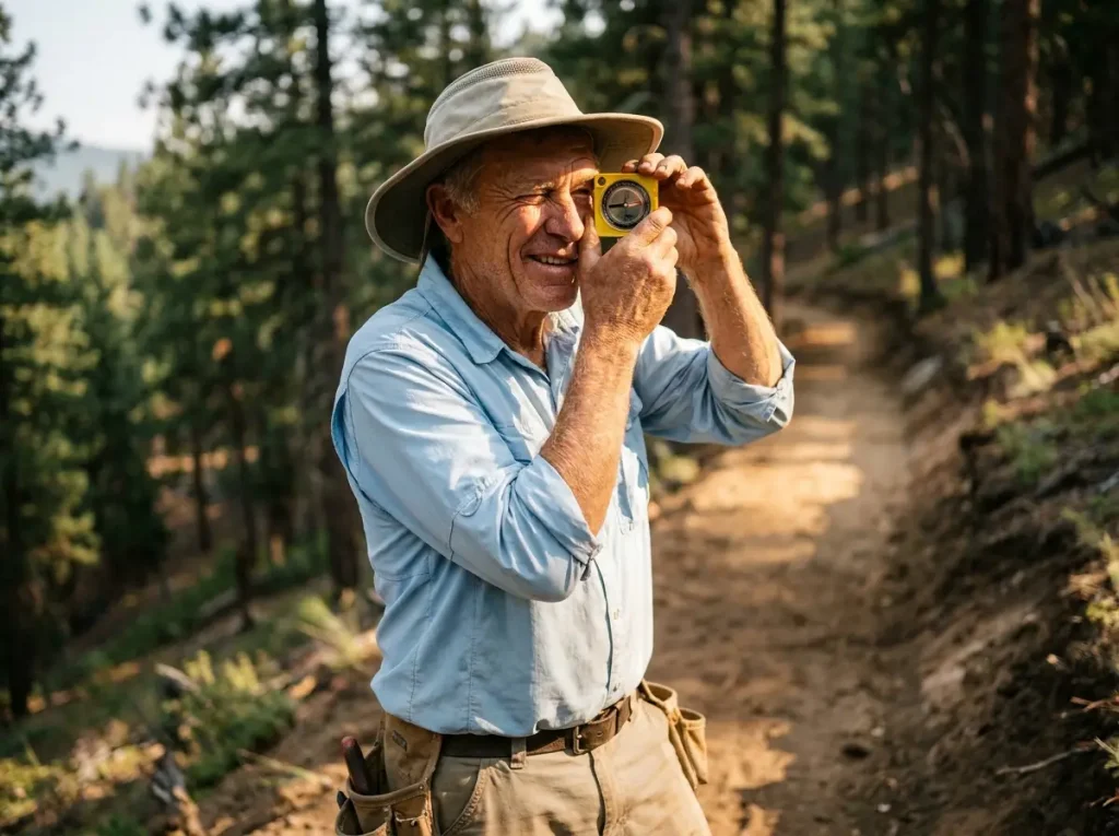 Trail steward using a clinometer to measure grade angles