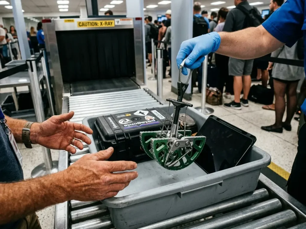 Airport security agent inspecting a heavy metal climbing camalot device at a checkpoint.