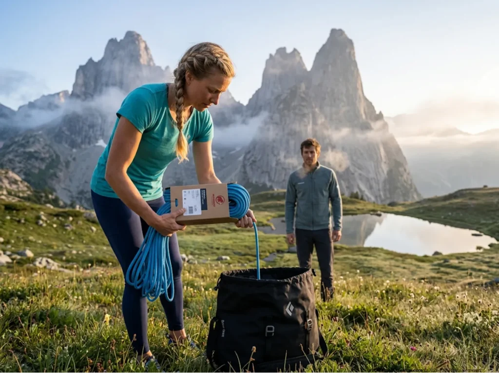 Two climbers uncoiling a new climbing rope from factory packaging into a bag