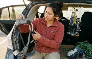 How to Buy Used Climbing Gear Without Getting Burned Climber inspecting used climbing cam with detailed focus before buying used gear