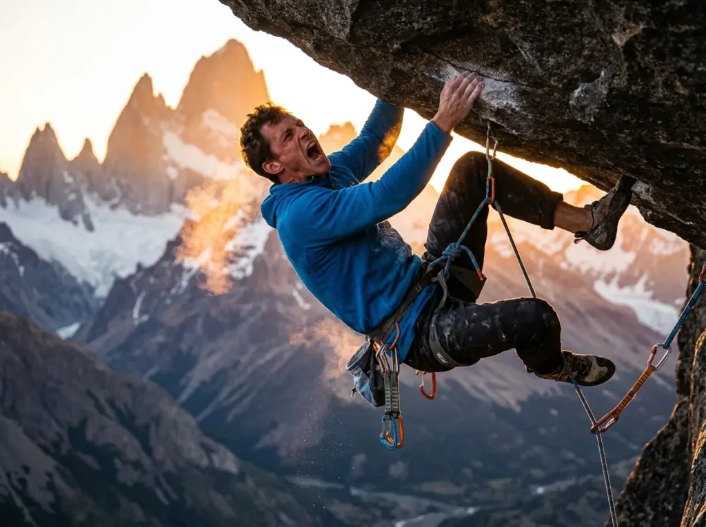 Climber screaming while executing a hard lock-off move to create core tension.