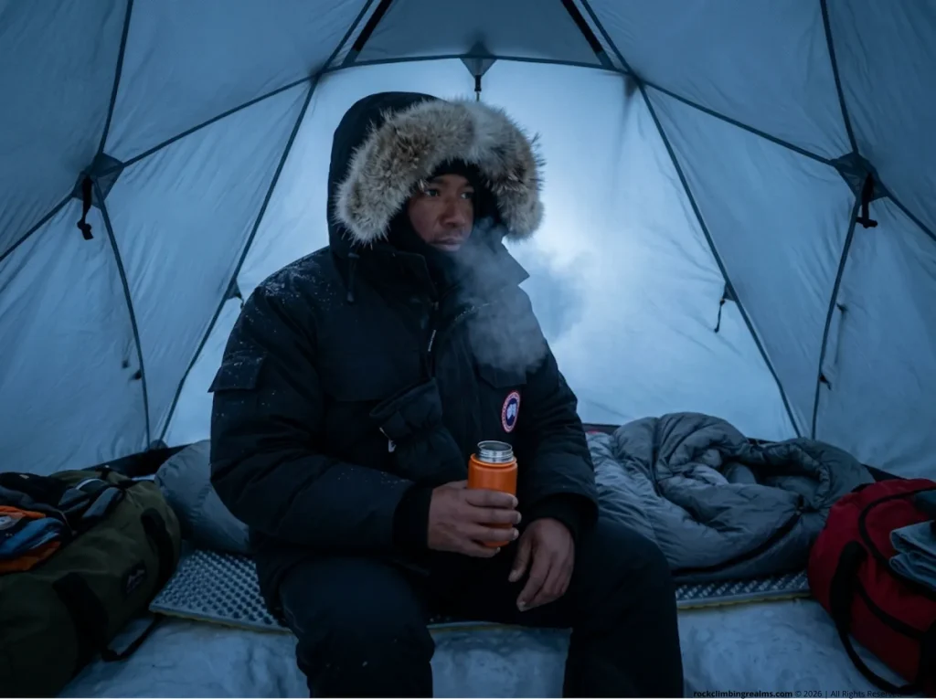 Expedition climber's breath fogs inside a pyramid tent at altitude, demonstrating the persistent internal moisture problem that vapor barrier liner systems are designed to solve