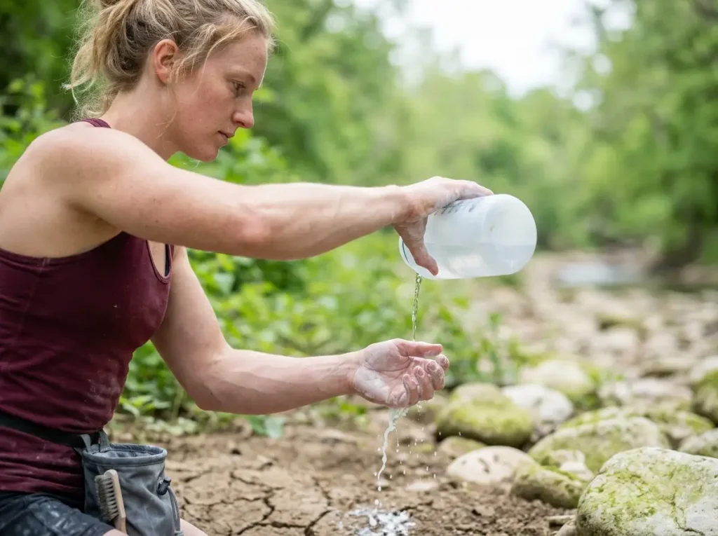 Washing hands far from streams for water quality protection near climbing crags