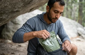No Bathrooms? Water Quality Protection Near Climbing Crags Climber packing a Restop 2 bag for water quality protection near climbing crags