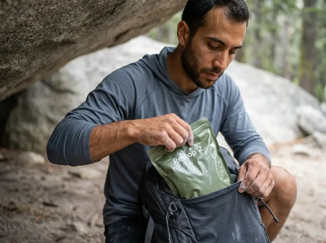 water-quality-protection-near-climbing-crags-hero Climber packing a Restop 2 bag for water quality protection near climbing crags