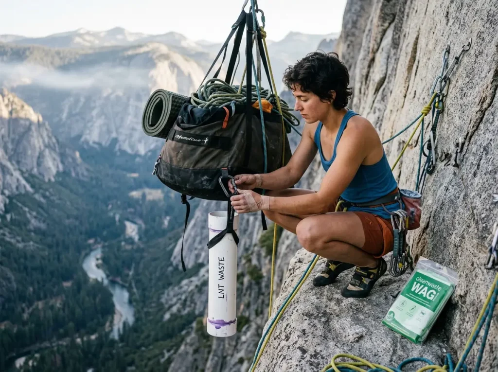 Climber attaching a poop tube to haul bag following LNT protocols