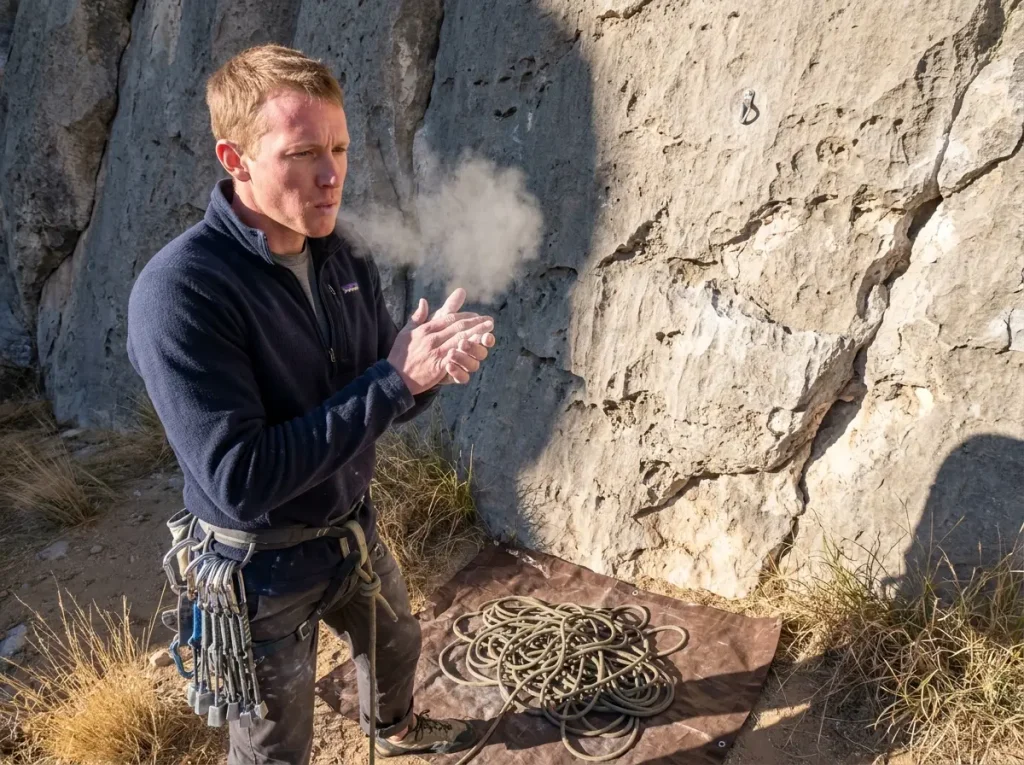 Climber with visible breath warming hands before first pitch on cold winter desert morning