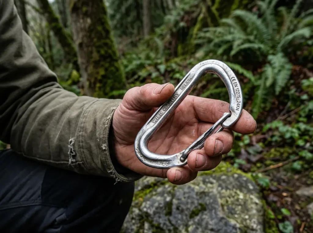 Inspecting a dangerously worn and grooved climbing carabiner for safety