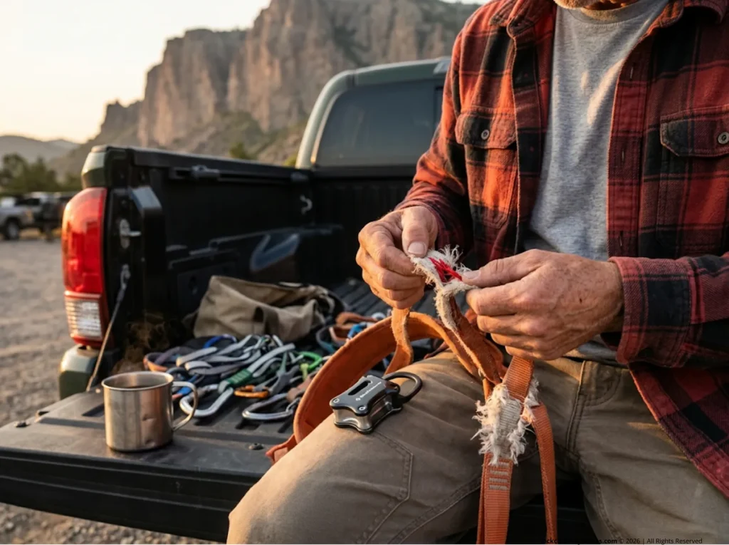 Guide inspecting worn webbing, crucial for harness tie in points explained loop vs belay safety.