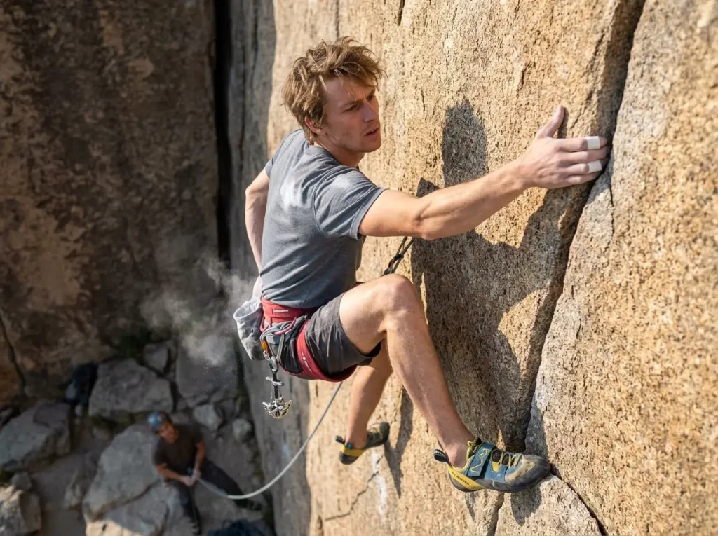 Climber leading a 5.10 crack route on granite wall showing YDS difficulty in action
