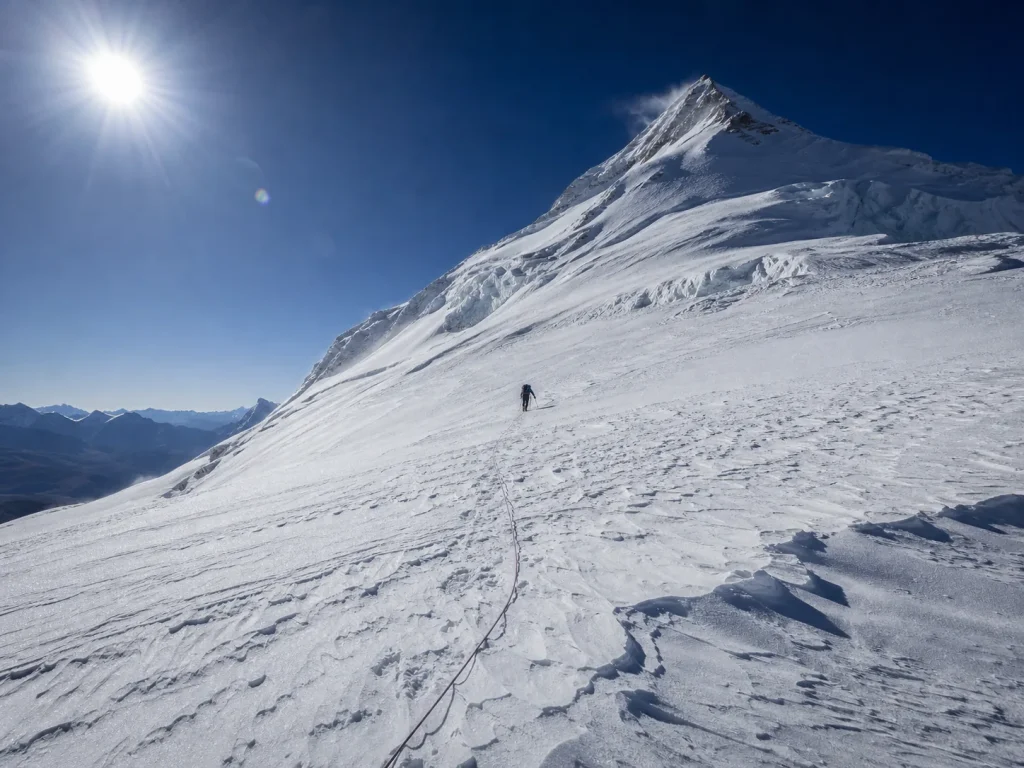 Clear dry-season conditions on the Huascaran glacier under a deep blue sky — best time to climb Huascaran