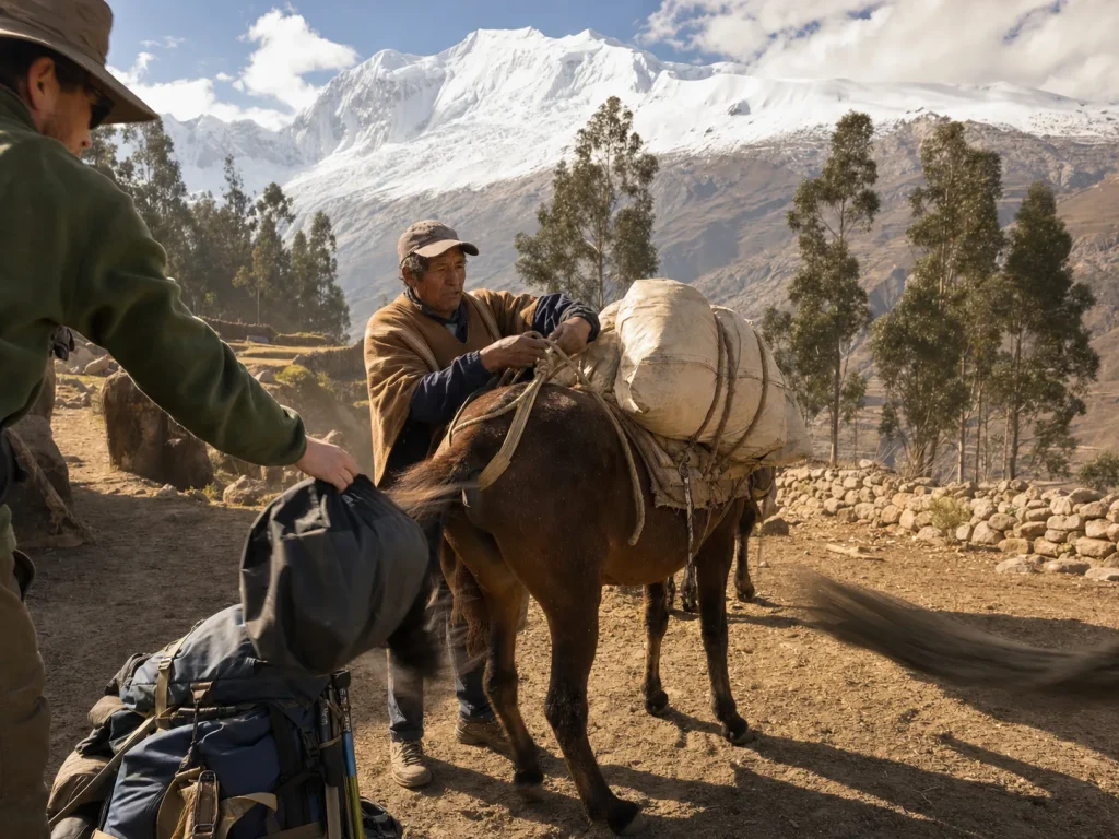 Arriero loading a mule with climbing gear at the Musho trailhead below Huascaran — permits and logistics