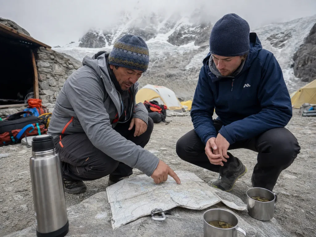 Guide and client reviewing the climbing plan at Huascaran base camp — what a guided Huascaran climb costs
