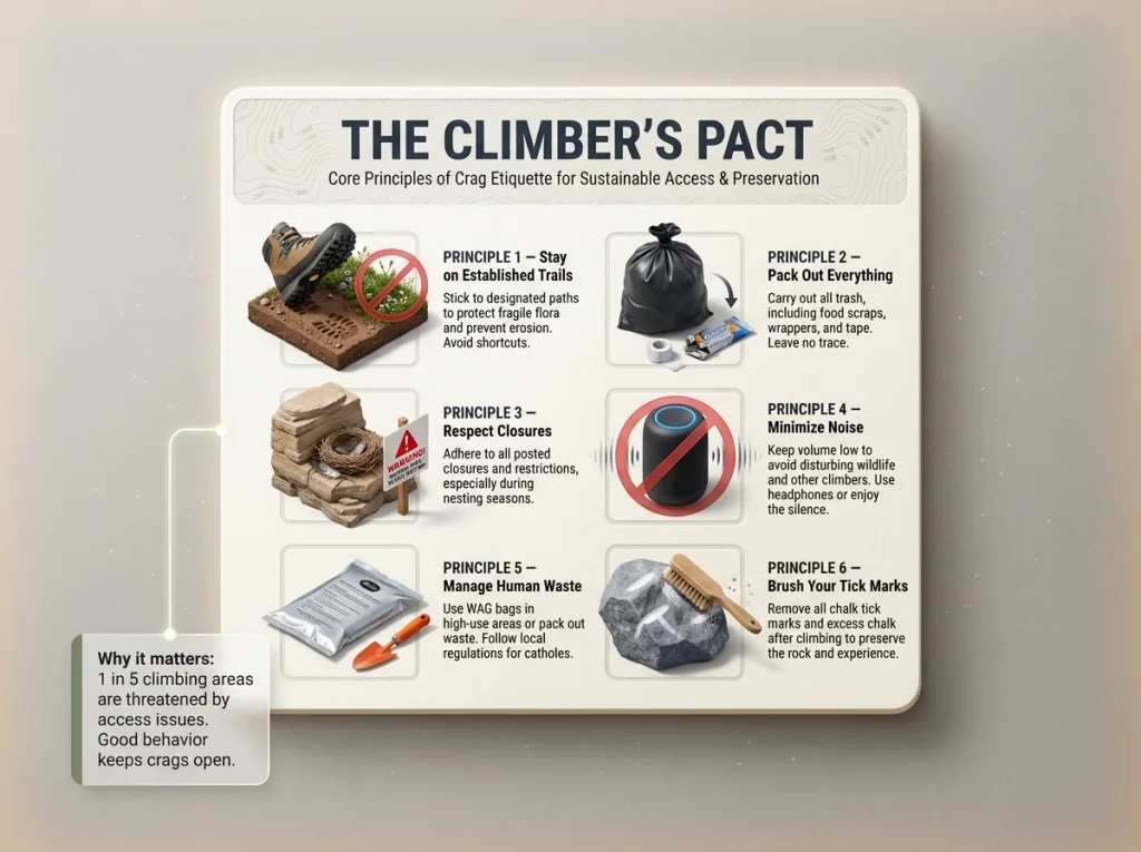 Infographic illustrating the principles of crag etiquette and outdoor climbing conservation