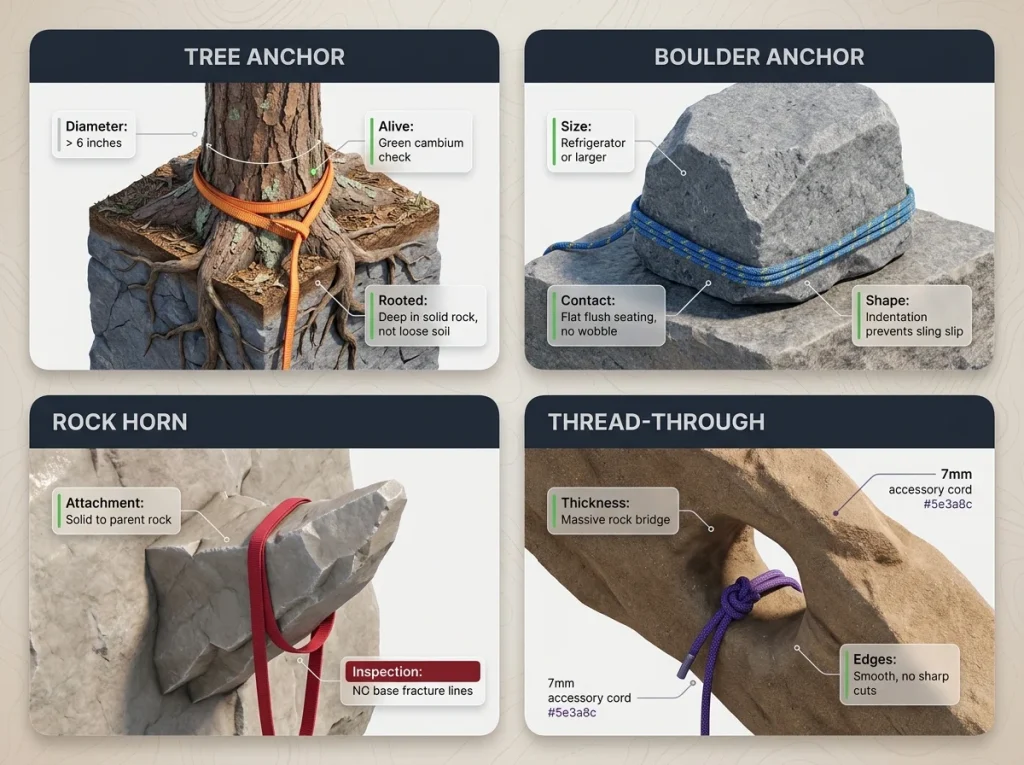 Infographic comparing four climbing natural anchors: tree, boulder, horn, and thread-through with safety assessment criteria