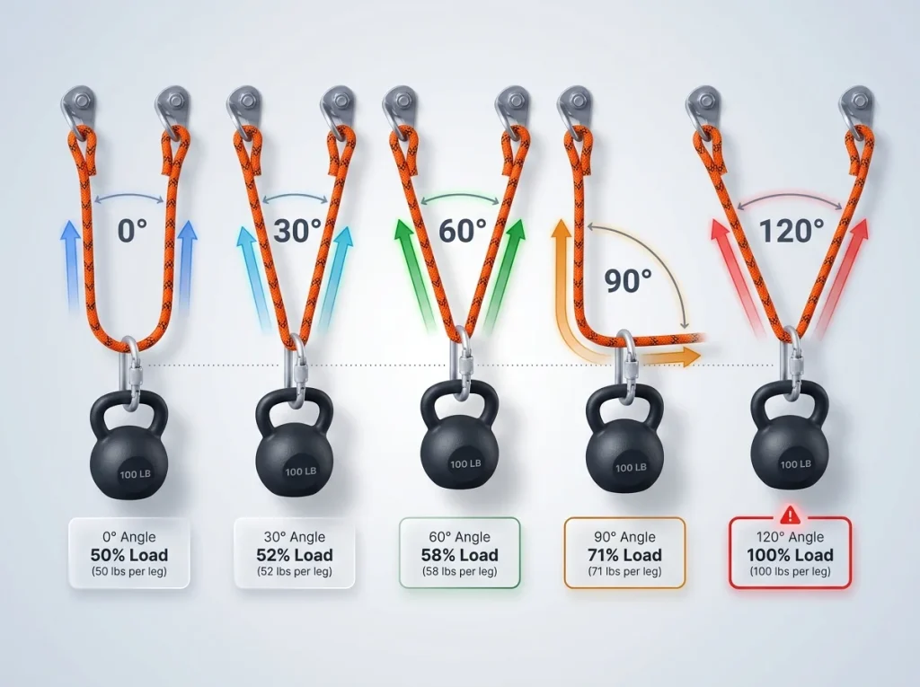 Physics force diagram showing how widening anchor angles from 0 to 120 degrees increases the load percentage on climbing gear