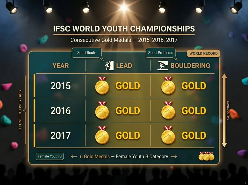 IFSC Youth Championship medal grid for Ashima Shiraishi showing 6 consecutive gold medals in Lead and Bouldering 2015-2017