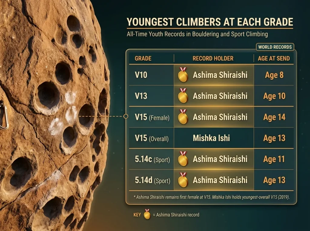 Comparison table of youngest-ever climbing ascents at V10, V13, V15, 5.14c and 5.14d grades with record holder names and ages