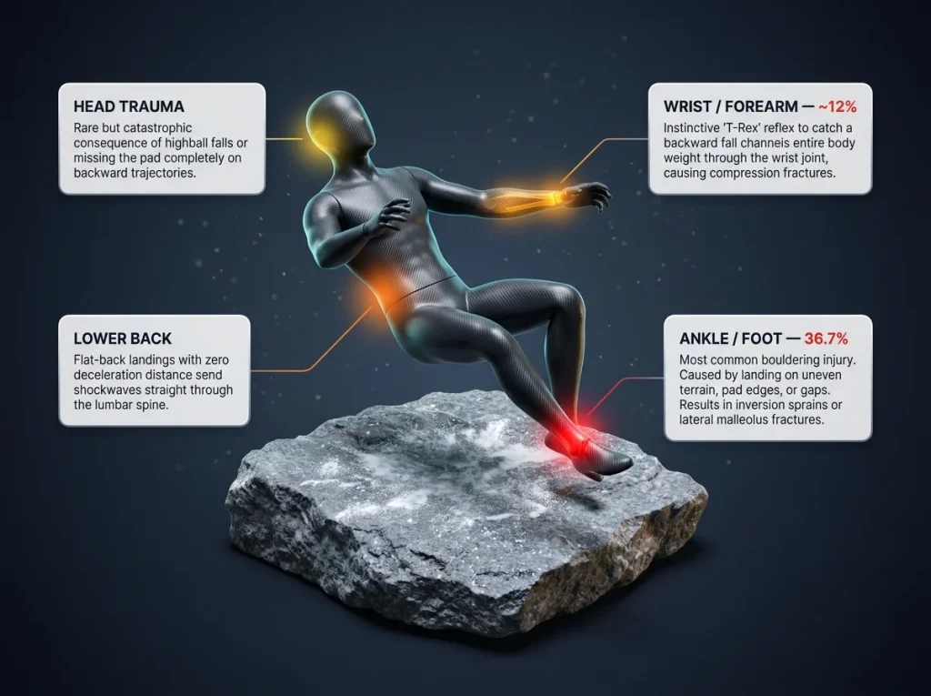 Infographic showing the 4 primary bouldering injury zones on a climber's body with labeled percentages, mechanism descriptions, and anatomical risk data