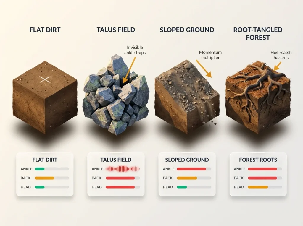 Infographic comparing 4 bouldering landing terrains with risk meters for ankle, back, and head injuries on flat dirt, talus, sloped ground, and roots