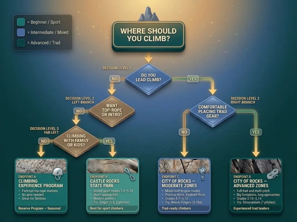 Decision flowchart showing where to climb at City of Rocks based on experience level, trad comfort, and grade range