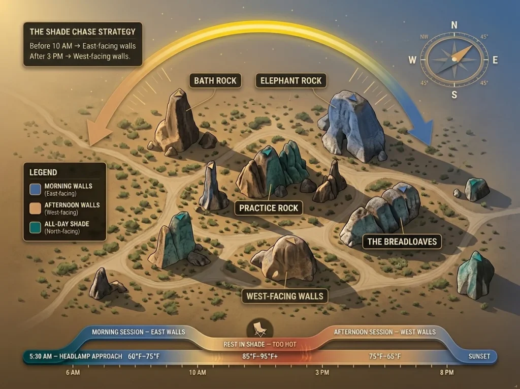 Overhead map of City of Rocks formations color-coded by optimal climbing time with morning and afternoon shade strategy
