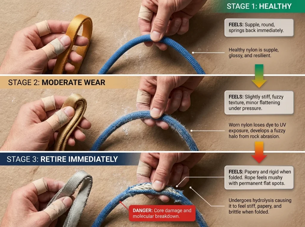 Infographic showing tactile inspection of climbing ropes and slings with healthy, moderate wear, and retire stages