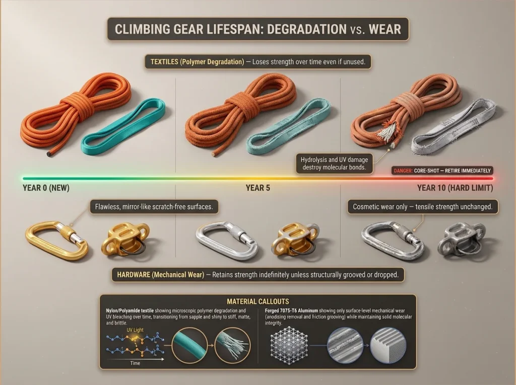 Infographic comparing degradation timelines of climbing soft goods versus metal hardware over a 10-year lifespan