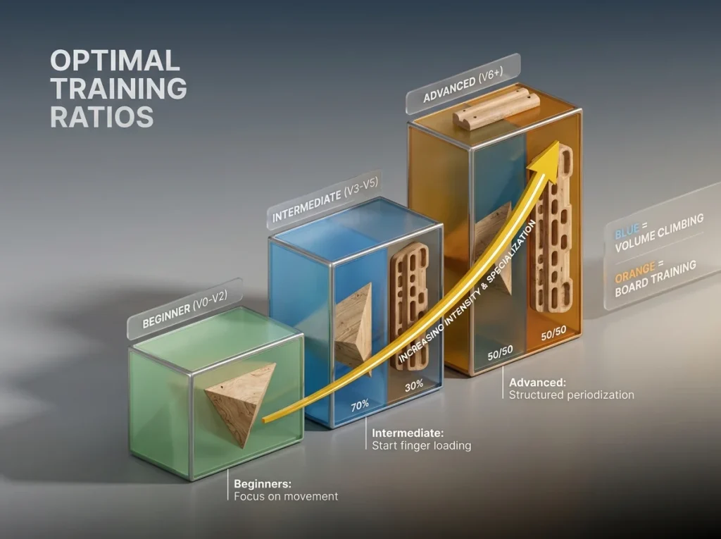 Grade-based progression chart showing the ratio of board training vs volume climbing for different skill levels.