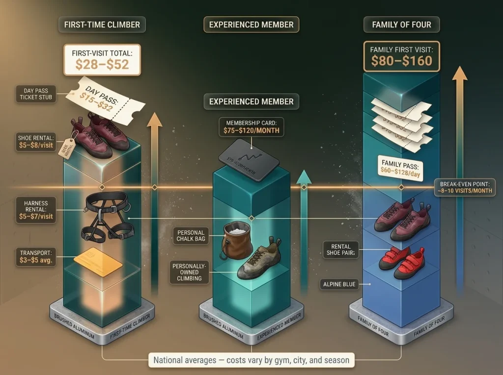  Infographic comparing climbing gym costs for first-timers, members, and families with labeled price tiers and break-even line