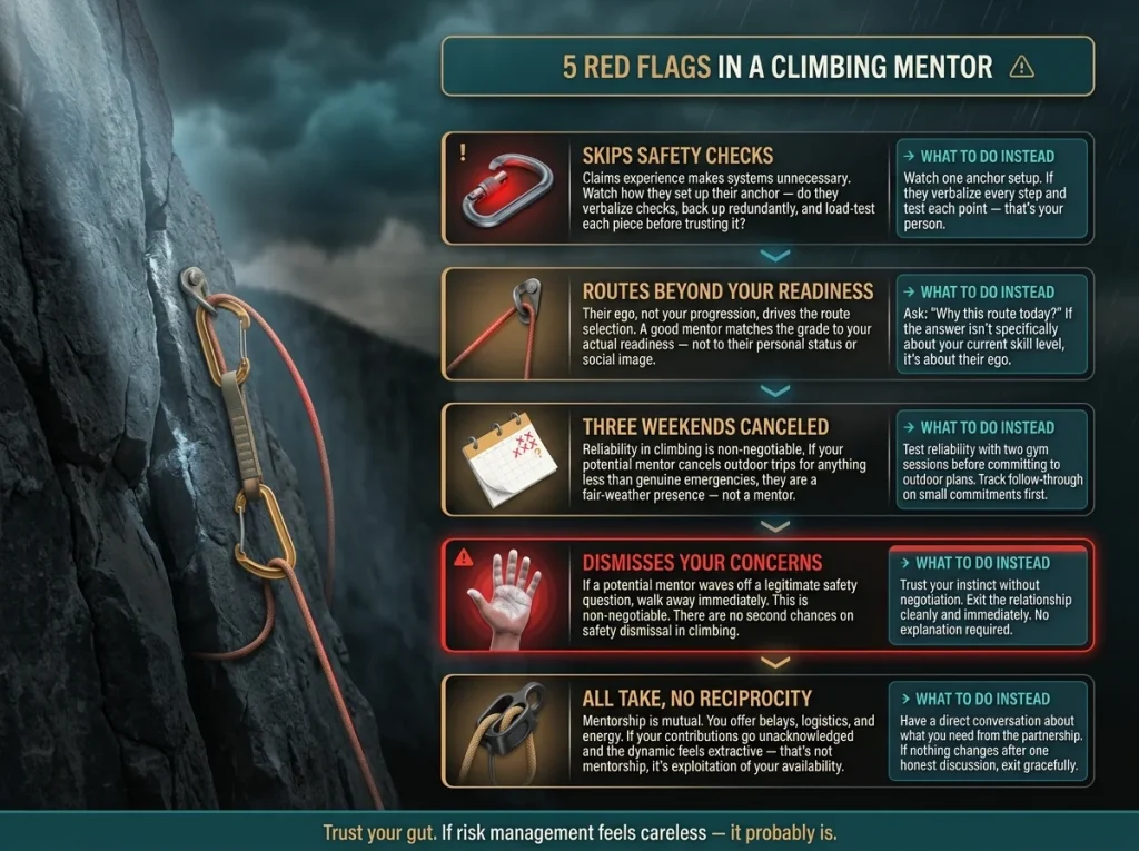  Red flags checklist for climbing mentors with five warning signs, visual icons, brief explanations, and what-to-do-instead guidance